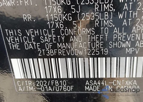 2013 Toyota Rav4 Le z USA, uszkodzony, nr VIN 2T3BFREV0DW122519